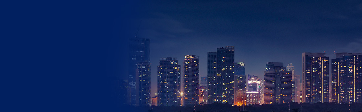 A bright, lit up cityscape at night
