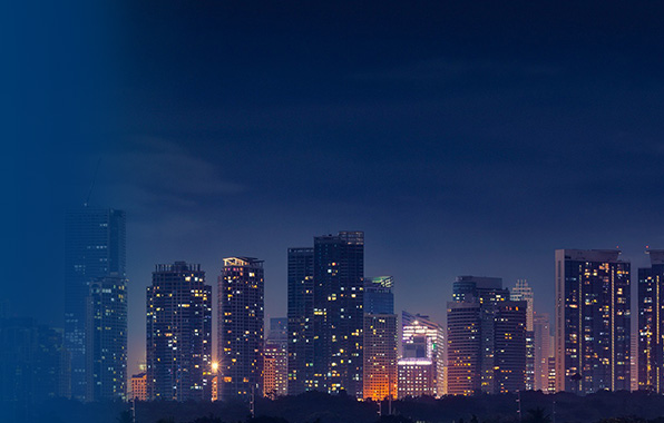 A bright, lit up cityscape at night