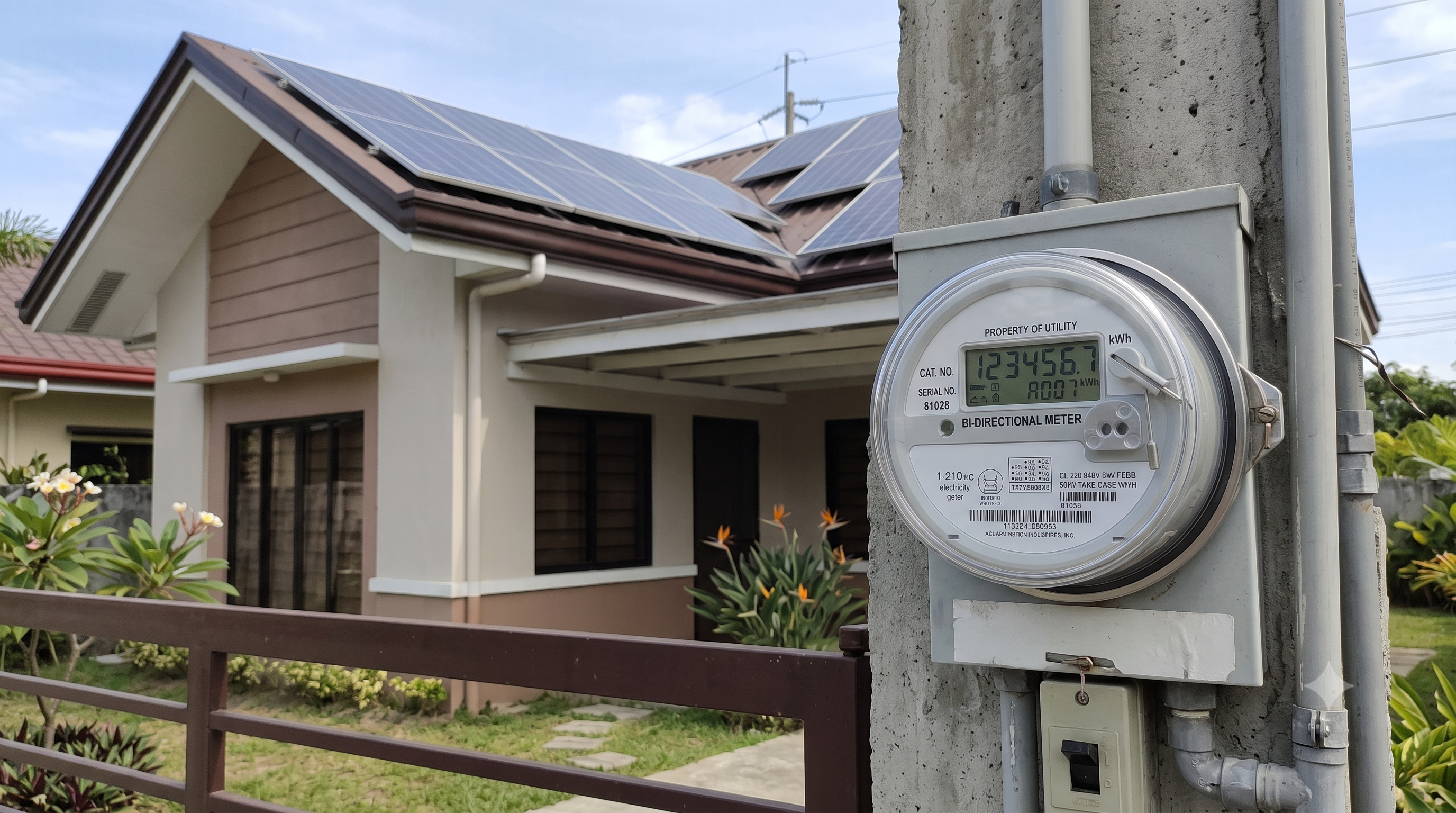 A bi-directional electric meter mounted on an exterior wall