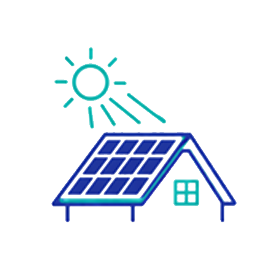 Sun and Solar on a House Roof Icon in Blue and Teal