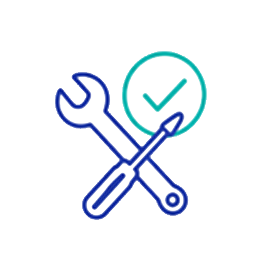 Screw Driver over Wrench Tool Icon with Check Mark in Blue and Teal